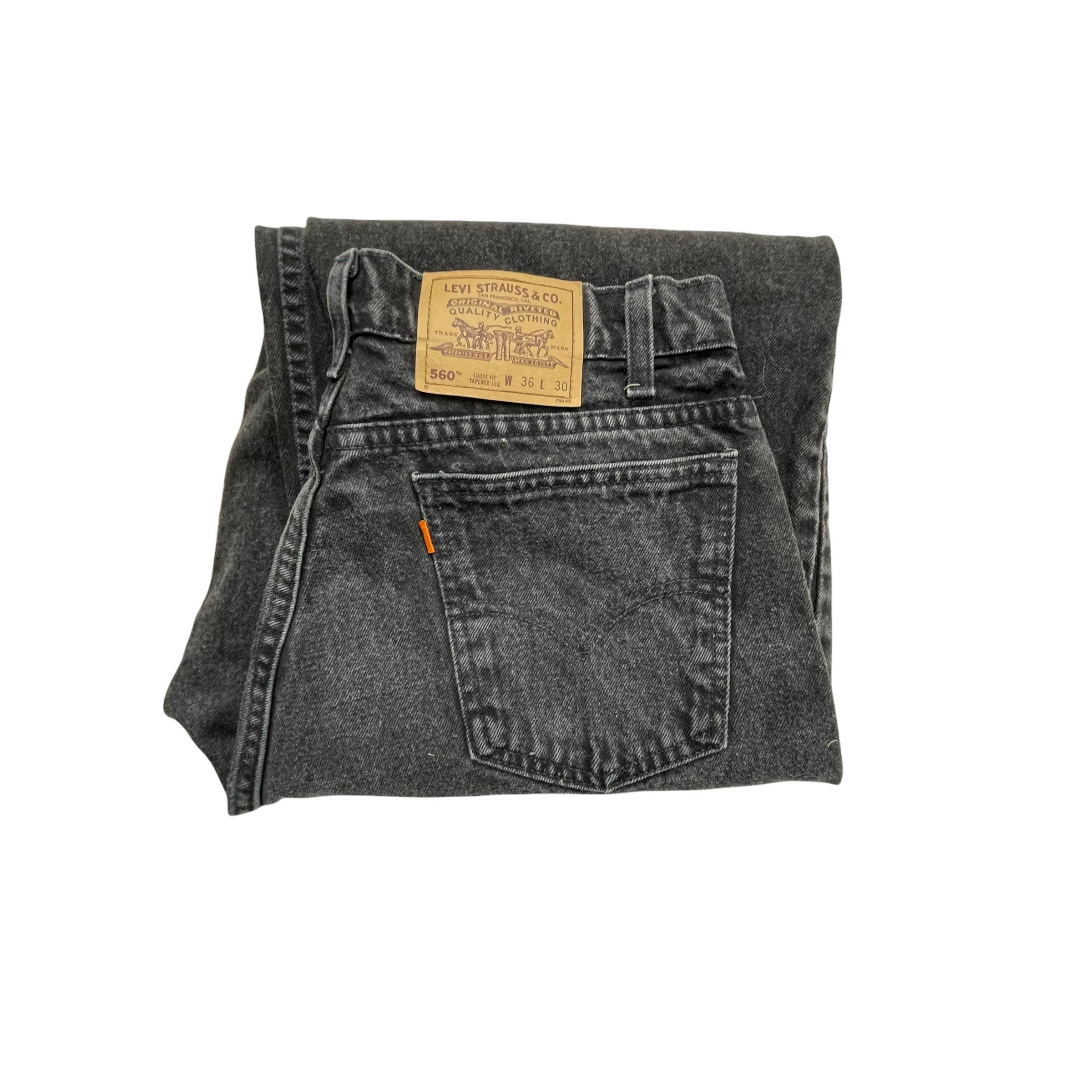 Vintage Levis 560 Black Jeans, Loose Fit, Tapered Leg Made in USA, Orange Tab, Size 36