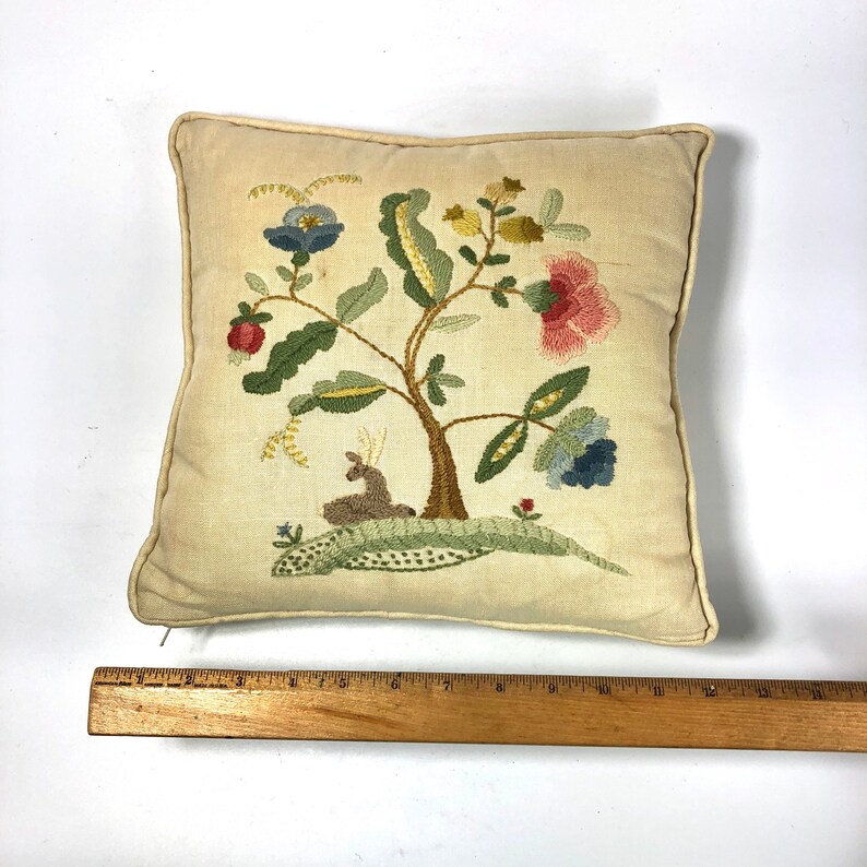 Vintage Linen Embroidered Floral Tree Throw Pillow image 5