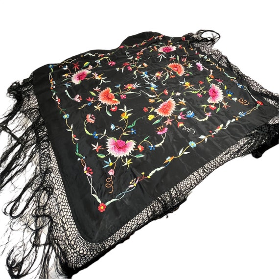 Vintage Black Silk Hand Embroidered Fringed Piano… - image 1