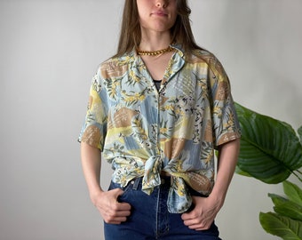 Vintage Diane Von Furstenburg Silk Hawaiian Print Button Down Short Sleeve Blouse, Large