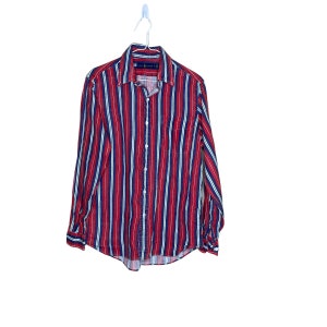 Ralph Lauren Women's Blue Red Striped Washed Linen Button Down Shirt Blouse, Size L image 1