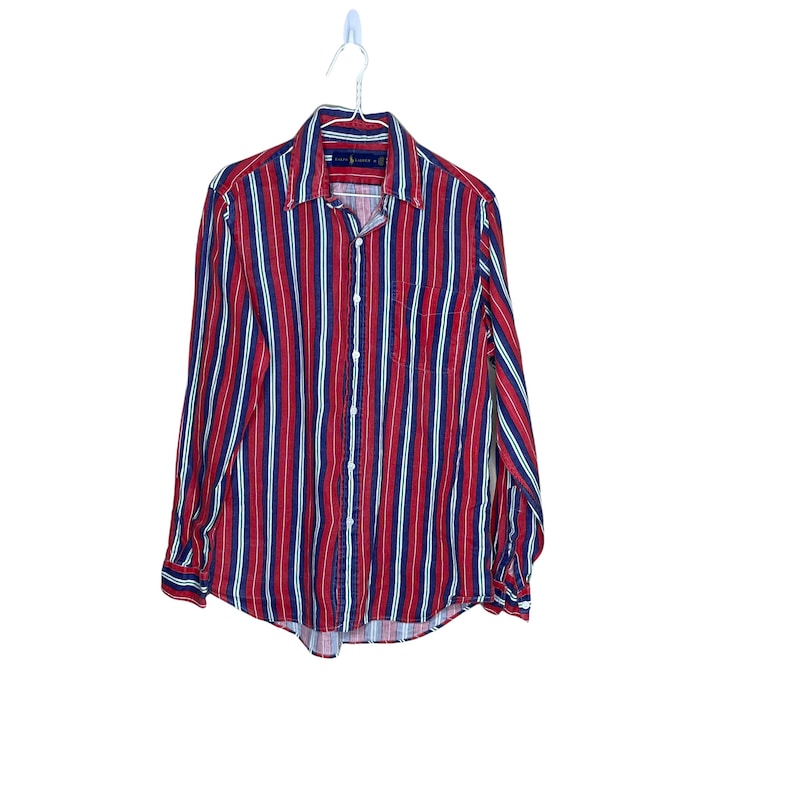 Ralph Lauren Women's Blue Red Striped Washed Linen Button Down Shirt Blouse, Size L image 1