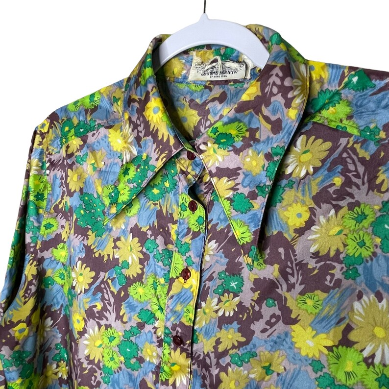 1970s disco picto long sleeve butterfly collar vintage blue green floral shirt size 13 image 5