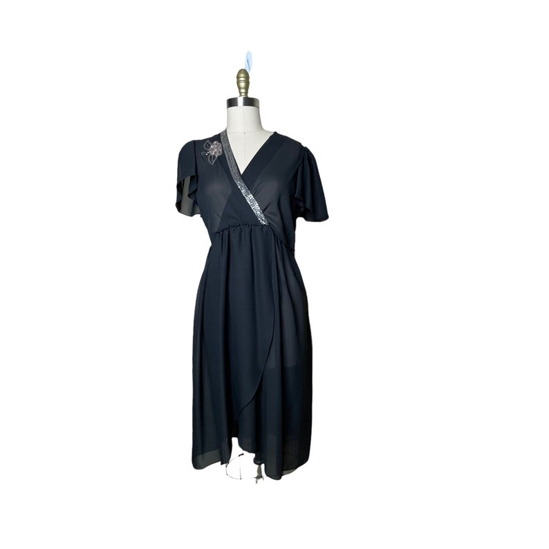 Vintage Samuel Blue Black Sheer Chiffon Wrap Dress Silver Beaded Trim, size 8 image 1