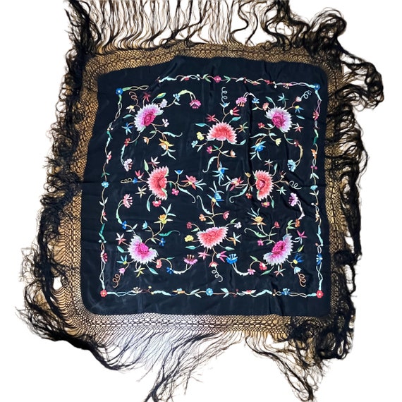 Vintage Black Silk Hand Embroidered Fringed Piano… - image 5