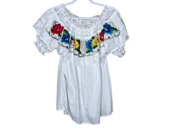 Vintage Mexican Embroidered Oaxaca Peasant Blouse, Large