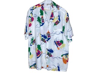 Vintage Cooke Street Honolulu Hawaiian Button Down Sailboat Palm Trees Shirt, Size XL