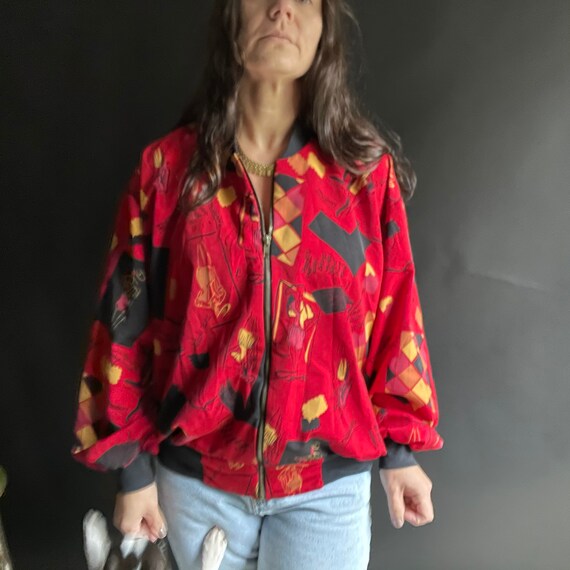 Vintage 90's Red Silk Bomber Jacket with Fashion … - image 2