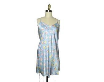 Vintage Iris Blue Floral Silk Nightgown Slip Dress, Size Large