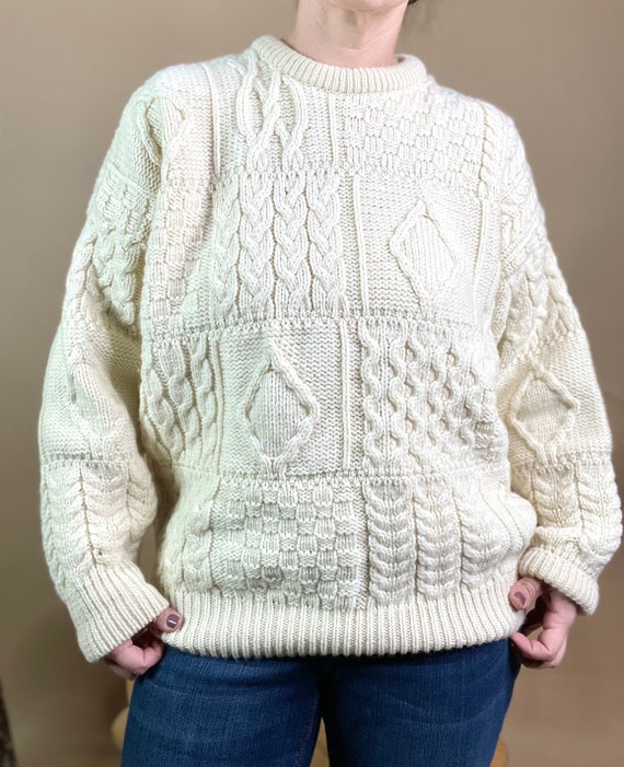 Vintage Beige Irish Aran Wool Fisherman Cardigan S