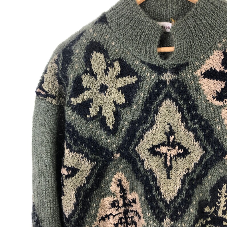 Size Large Vintage Lauren Hansen Green Black Mohair Blend Snowflake Sweater