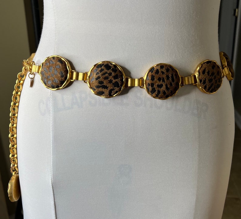Vintage 90's Express Cheetah Leather Gold Chain Link Belt image 3