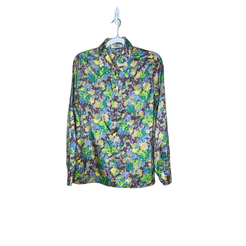 1970s disco picto long sleeve butterfly collar vintage blue green floral shirt size 13 image 2