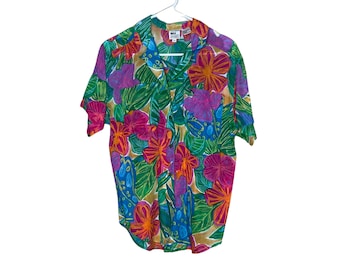 Vintage 80's Leslie Fay Women's Tropical Colorful Hawaiian Print Button Up Blouse, Size 8