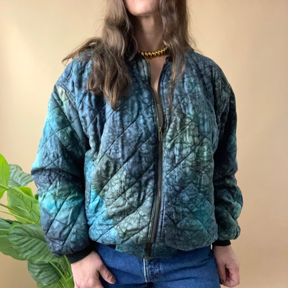 Vintage Blue Green Tie Dye Quilted Silk Bomber Jac