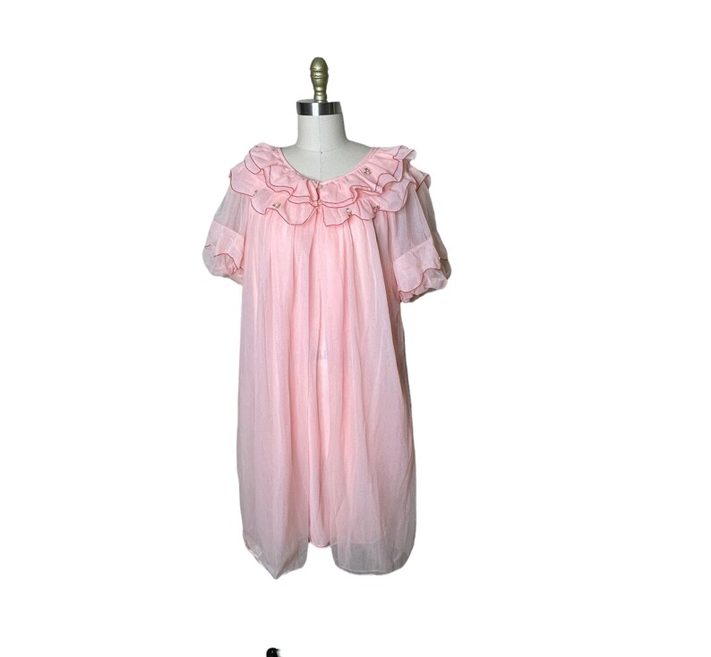 Vintage Avian Pink Chiffon & Nylon Nightgown and Robe Set M Pegnoir Lace image 1