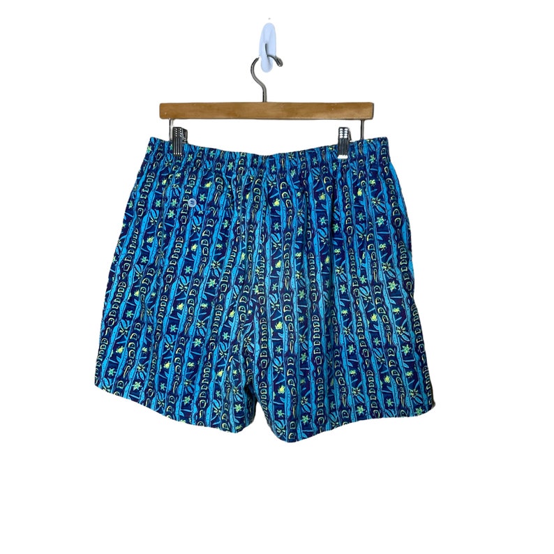 Vintage 90's Men's Morro Bay Neon Green Blue Swim Trunks, Size XL image 3