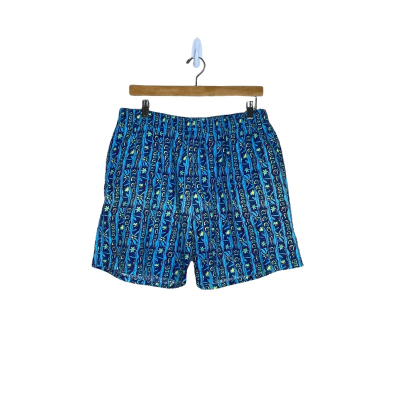 Vintage 90's Men's Morro Bay Neon Green Blue Swim Trunks, Size XL image 1