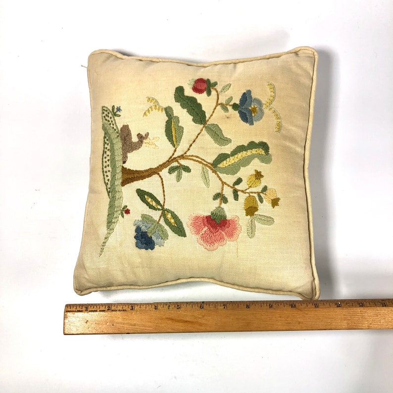 Vintage Linen Embroidered Floral Tree Throw Pillow image 6