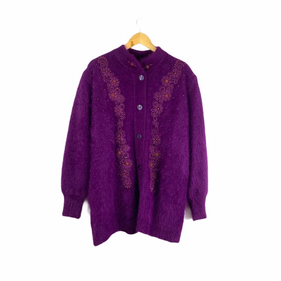 Vintage Purple Beaded Angora Blend Puff Sleeve Coa