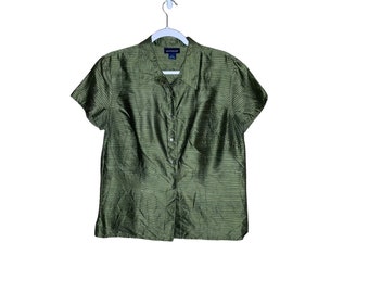 Vintage Ann Taylor Green Striped Silk Button Up Short Sleeve Blouse, Size 14 Flawed