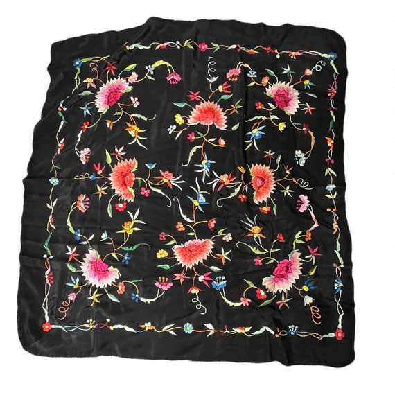 Vintage Black Silk Hand Embroidered Fringed Piano… - image 2