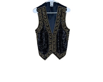 Halsey Collection Black Gold Beaded Greek Key Vest, Size Small