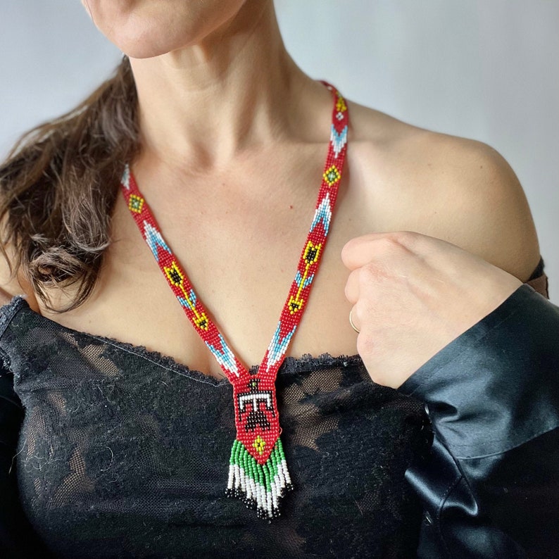 Vintage Red Thunderbird Native American Beaded Tassel Necklace