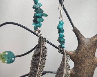 Turquoise and coral earrings with feather pendant