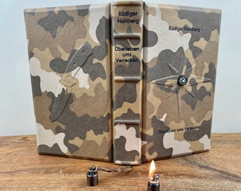 The survival manual / signed / Rüdiger Nehberg // Surviving to death camouflage leather cover UNIKAT