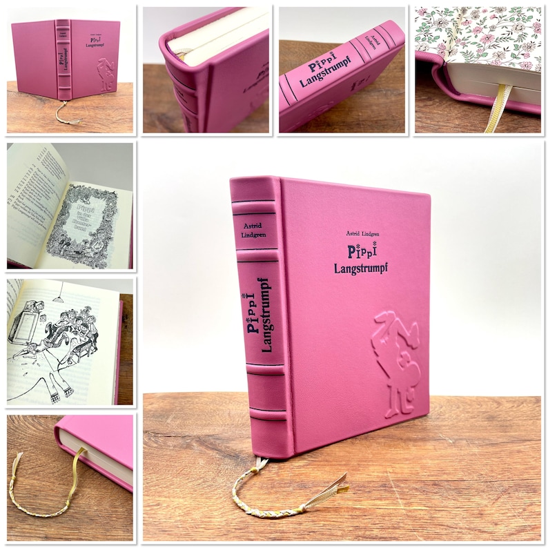 Puede incluir: Un libro de tapa dura rosa titulado "Pippi Langstrumpf" de Astrid Lindgren. La portada presenta una ilustraci&oacute;n en relieve de Pippi y el lomo tiene el t&iacute;tulo verticalmente. Una cinta dorada de marcador se extiende desde el libro.