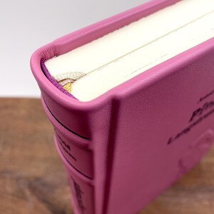 Puede incluir: Primer plano de un diario encuadernado en cuero rosa con p&aacute;ginas color crema. El diario tiene una cinta de marcador y texto en relieve en la portada. Los bordes de las p&aacute;ginas son lisos y la portada tiene un acabado texturizado.
