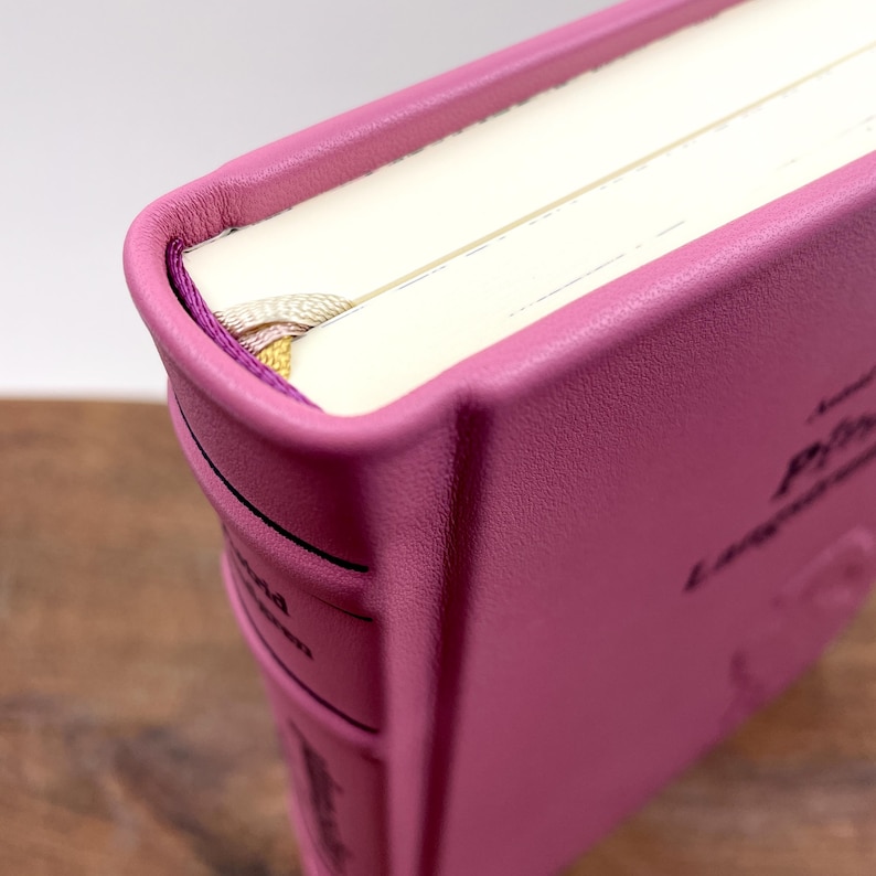 Puede incluir: Primer plano de un diario encuadernado en cuero rosa con p&aacute;ginas color crema. El diario tiene una cinta de marcador y texto en relieve en la portada. Los bordes de las p&aacute;ginas son lisos y la portada tiene un acabado texturizado.