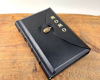 Momo, Michael Ende book with personalized time, leather cover, brass turtle "Kassiopeia" large illustrated edition