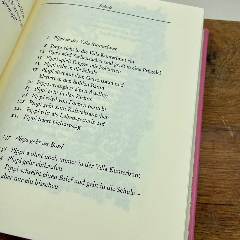 Puede incluir: Libro abierto con texto en alem&aacute;n, titulado "Inhalt" (Contenido). La p&aacute;gina presenta una lista de t&iacute;tulos de cap&iacute;tulos de un libro sobre Pippi Calzaslargas, con t&iacute;tulos como "Pippi in der Villa Kunterbunt" y "Pippi va a la escuela."