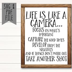 Puede incluir: Impresión enmarcada con la cita "LIFE IS LIKE A CAMERA... CONCÉNTRATE EN LO QUE ES IMPORTANTE CAPTURA LOS BUENOS MOMENTOS DESARROLLA A PARTIR DE LOS NEGATIVOS Y SI LAS COSAS NO FUNCIONAN, TOMA OTRA FOTO".