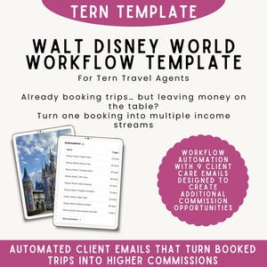 May include: A digital marketing template for Tern Travel Agents, featuring the text "Walt Disney World Workflow Template." The image includes two tablets displaying automation details and a pink circular graphic with text about client care emails.