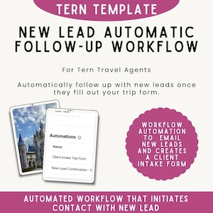 May include: A digital marketing template with the text "TERN TEMPLATE" and "NEW LEAD AUTOMATIC FOLLOW-UP WORKFLOW". The image includes two digital tablets, one displaying a castle image. The template is for Tern Travel Agents.
