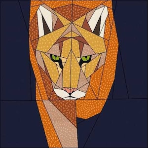 May include: A geometric pattern of a brown and orange cougar with green eyes. The cougar is facing forward and its head is tilted slightly down. The background is a dark blue.