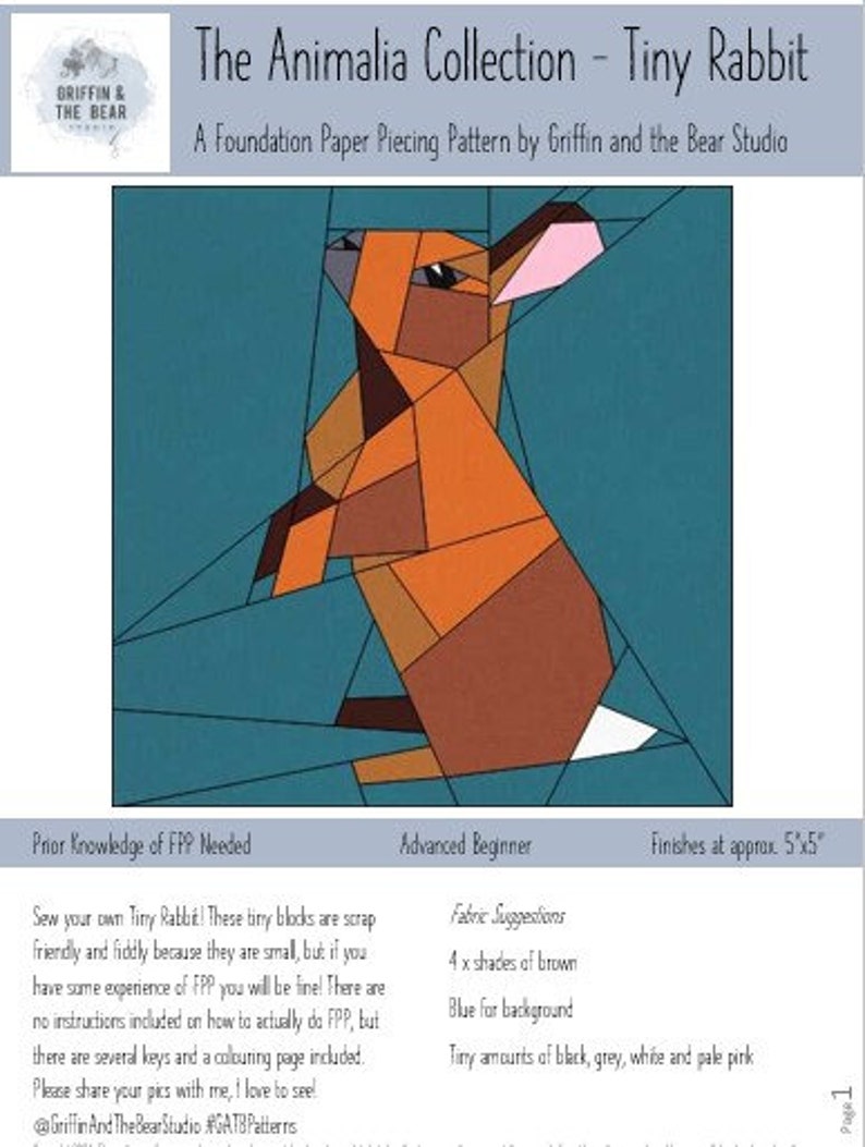 Paper Pieced Rabbit Pattern The Tiny Rabbit -the Animalia Collection. FPP Pattern, Quilt Block - Etsy