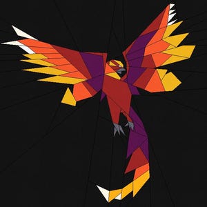 May include: A geometric illustration of a phoenix in flight, rendered in a mosaic style. The bird features a vibrant palette of red, orange, yellow, and purple against a black background. The wings are spread wide, and the tail extends downwards.