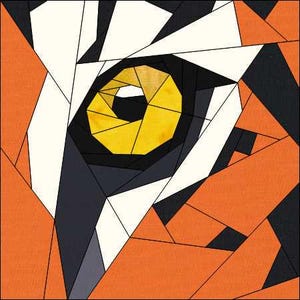 May include: Close-up of a tiger's eye, made with colorful fabric pieces. The eye is yellow with black and white details. The background is orange and black.