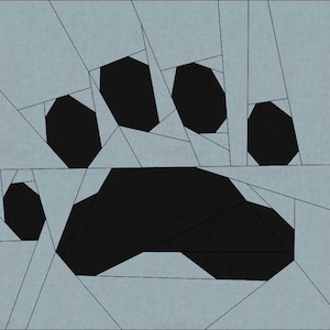 Könnte beinhalten: Abstrakter geometrischer Kunstdruck mit einem schwarzen Pfotenabdruck-Design auf hellblauem Hintergrund.