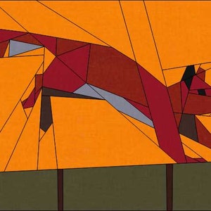 May include: A red fox with a white belly jumps over a fence. The fence is made of orange wood and has a green background.