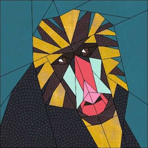 Op de afbeelding: Een geometrische illustratie van een mandril met een rode, roze en blauwe neus en gele, zwarte en bruine vacht.