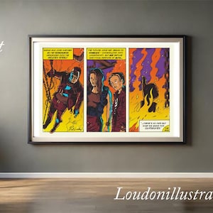 May include: Framed comic book art with three panels depicting a dramatic scene with figures in a fiery setting. The artwork is in a black frame and hangs on a gray wall. Text in the image reads "Buy it, Frame it, Love it."