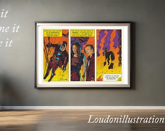 Può includere: Opera d'arte a fumetti incorniciata con tre pannelli che raffigurano una scena drammatica con figure in un ambiente infuocato. L'opera è in una cornice nera ed è appesa a una parete grigia. Il testo nell'immagine recita "Buy it, Frame it, Love it."
