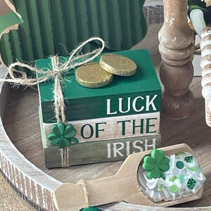 May include: A tiered wooden tray decorated for St. Patrick's Day with a green shamrock, a stack of wooden blocks with the words "Luck of the Irish", and a wooden scoop filled with white frosting and green sprinkles.