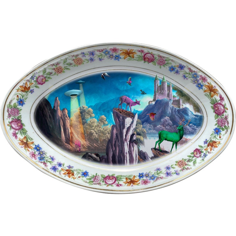 Deer Landscape LARGE Tray #0751 UFO Vintage Unique Porcelain Tray