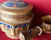 Vintage Chinese Brass Enameled Tea Caddy Box Dragon Ladle